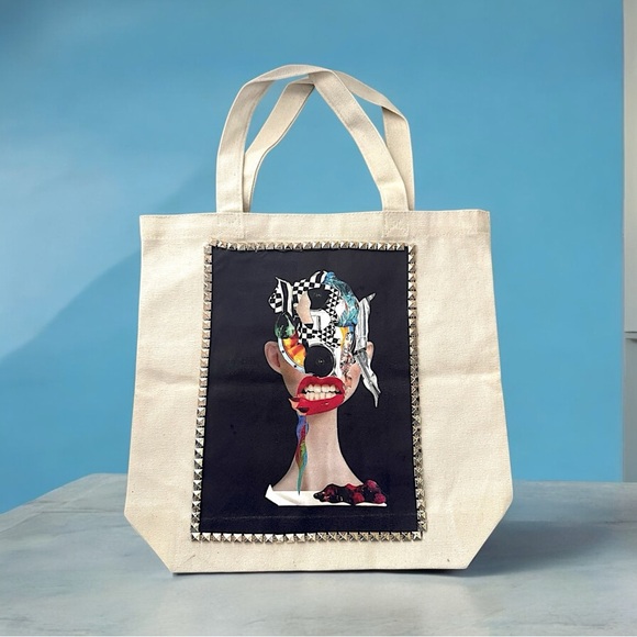 One of a kind custom Custom Tote Bag embellish with stud and my original artwork - Picture 1 of 9